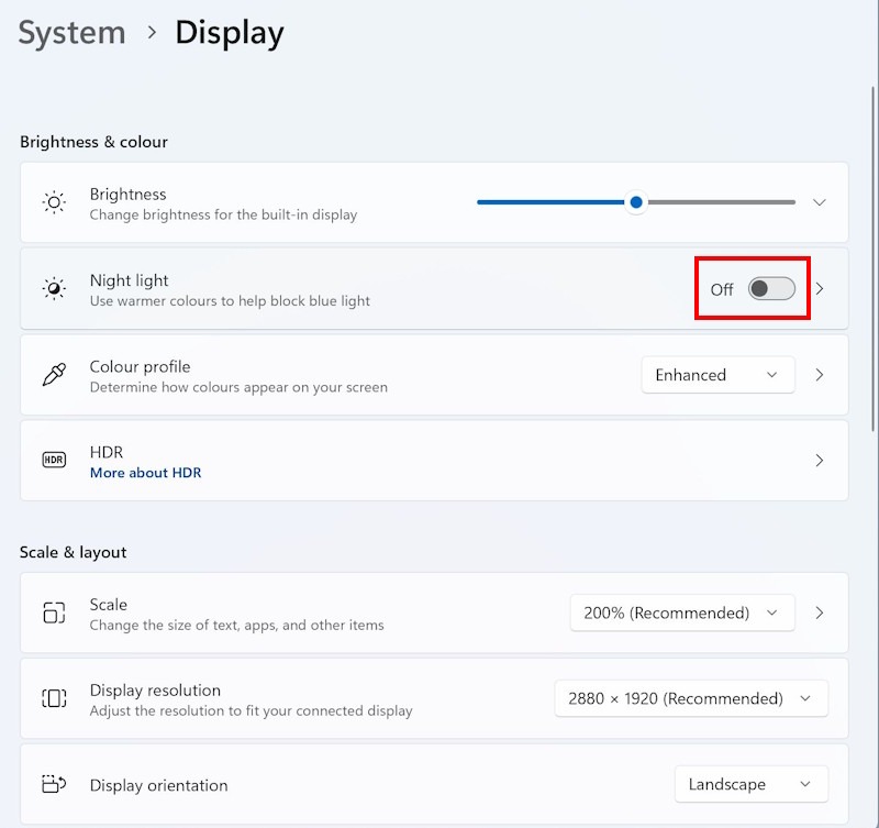 Click the toggle switch for Night Light